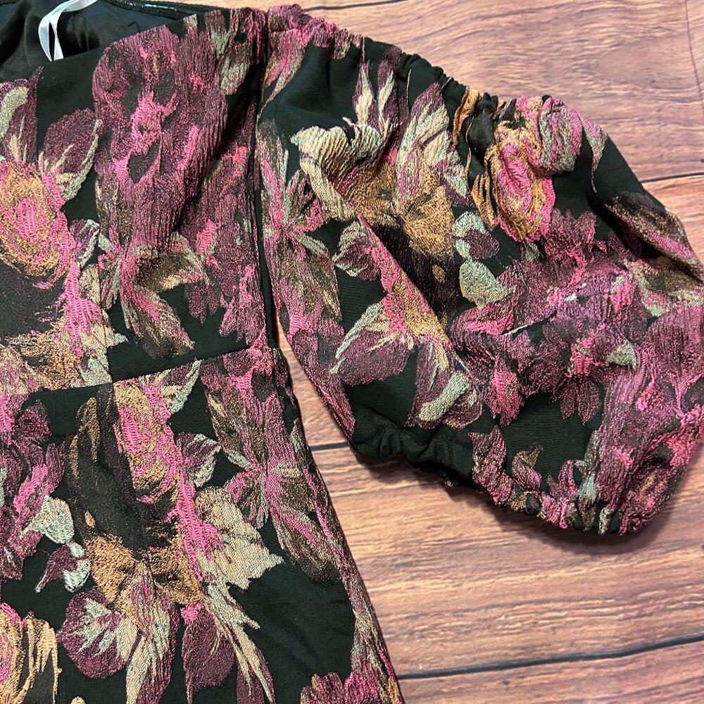 Lulus Off-the-Shoulder Floral Brocade Mini Dress - Black & Pink - Size S - Picture 12 of 16